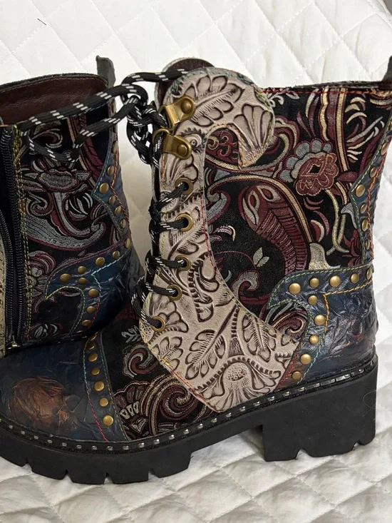 L'ATISTE Multicolor Embossed Lace-Up Combat Booties - Picture 3 of 12